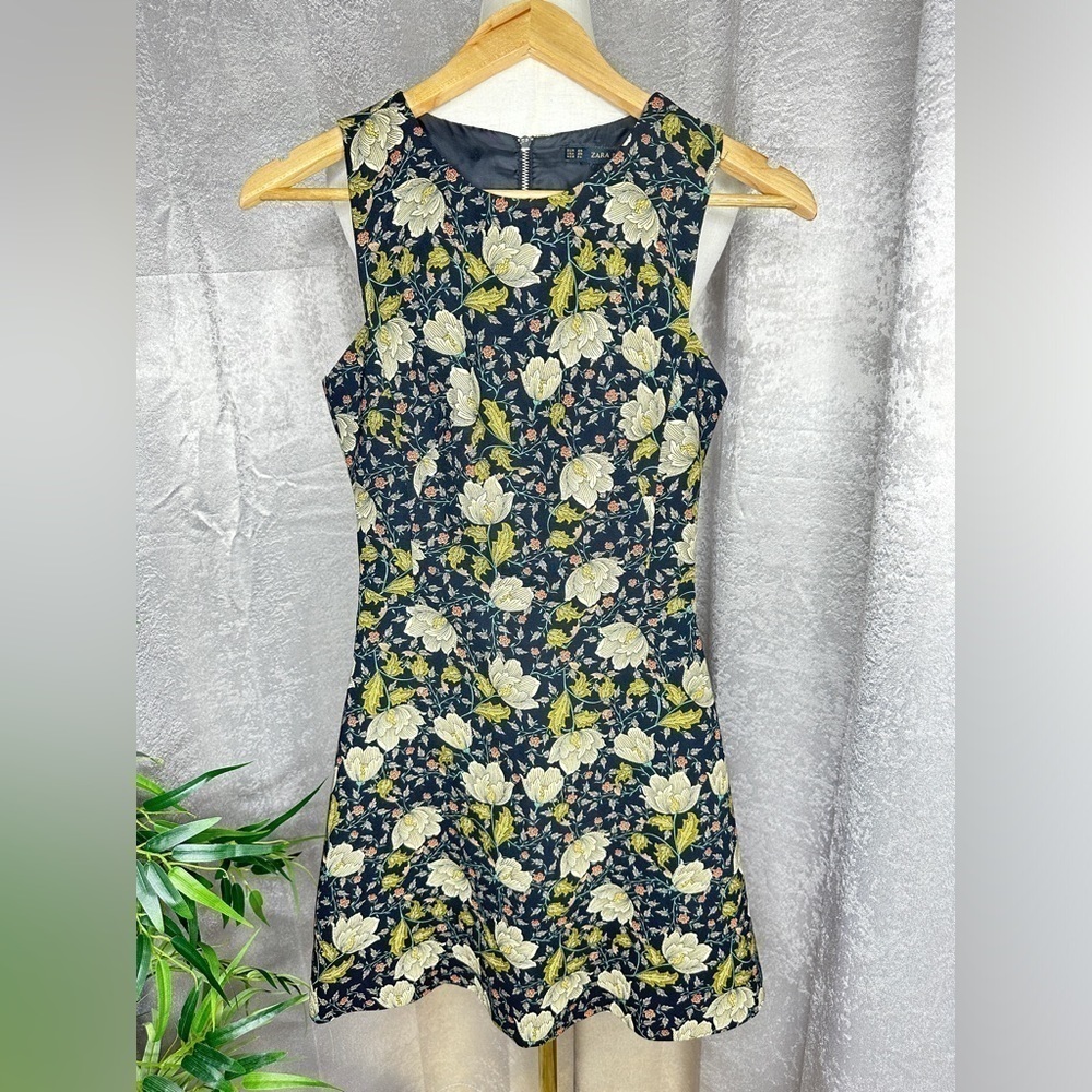 Zara Vintage Floral Print Sleeveless Mini Dress in Black & Green Sz XS